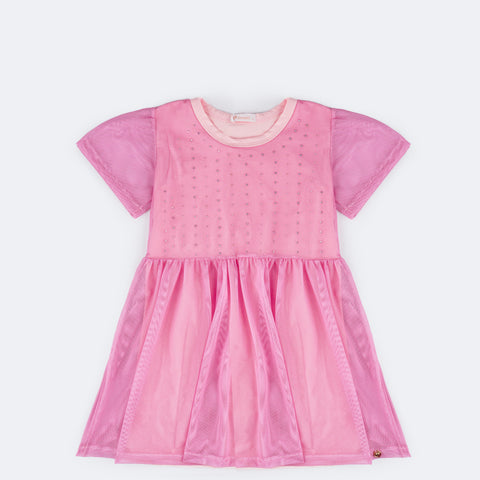Vestido Infantil Pampili Tule e Pedras Strass Rosa  - frente do vestido com brilho strass