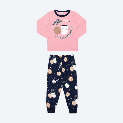 Pijama Infantil Alakazoo Manga Longa Brilha no Escuro Biscoito Rosa e Marinho - frente pijama feminino