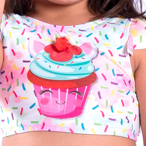 Biquíni Kids Top Cropped Viva Flor Cupcake Granulado Babado Colorido - Detalhe da Estampa