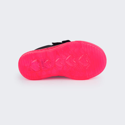 Tênis de Led Infantil Pampili Sneaker Luz Customizável Calce Fácil Monstrinho Preto e Pink Flúor - Vem com 4 Patches - sola antiderrapante