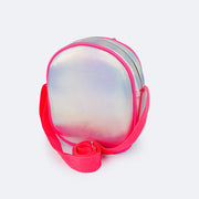 Bolsa Infantil Pampili Customizável Monstrinho Holográfica Prata e Pink - Vem com 4 Patches - traseira da bolsa e alça de gorgurão