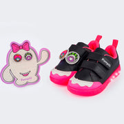 Tênis de Led Infantil Pampili Sneaker Luz Customizável Calce Fácil Monstrinho Preto e Pink Flúor - Vem com 4 Patches - tênis e patches 