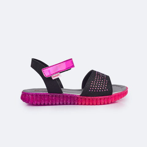 Sandália Papete Infantil Candy Glitter e Strass Preta e Pink - lateral sandália com glitter