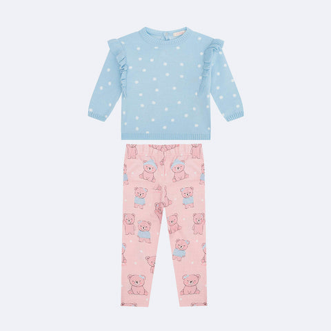 Conjunto de Bebê Kukiê Blusa Poá e Legging Ursa Azul e Rosa - frente conjunto infantil feminino
