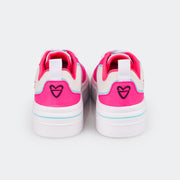 Tênis Feminino Tweenie #Crush Corações Diversos Braile Branco e Pink Fluor - foto da traseira com gorgurão 