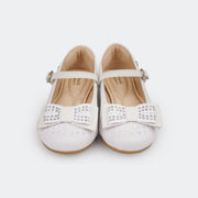Sapato Infantil Feminino Pampili Angel com Laço Bico Glitter e Strass Branco - foto do bico do sapato com glitter