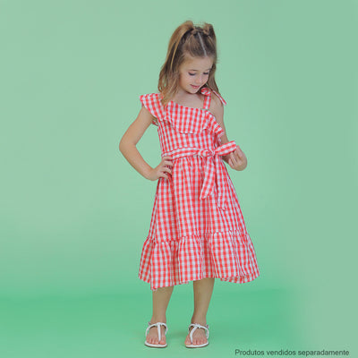 Vestido Pré-Adolescente Bambollina Xadrez com Babado e Laços Vermelho e Branco - 8 a 12 Anos - menina com o vestido
