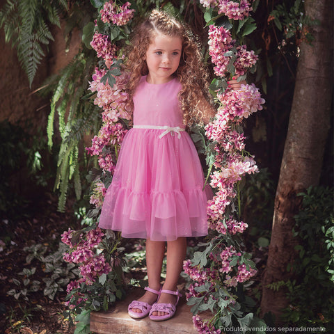 Vestido de Festa Bambollina Tule e Cinto Glitter com Laço Rosa - 2 a 6 Anos - menina com vestido rosa de tule