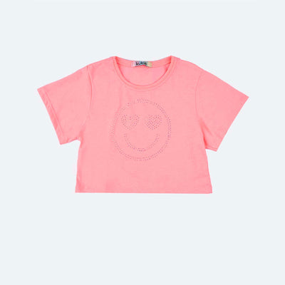 Cropped Infantil Kukiê Emoji Coração Strass Pink Neon - frente do cropped infantil rosa