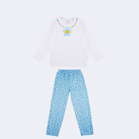 Pijama Kids Cara de Criança Brilha no Escuro Longo Flores Branco e Azul - 8 Anos - frente do pijama de manga longa