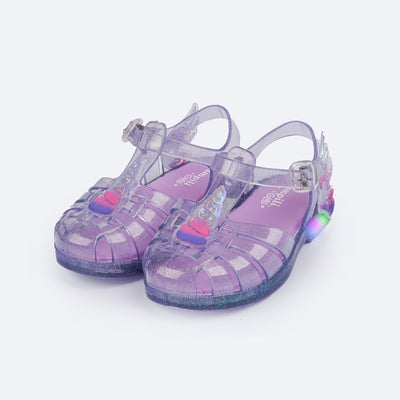 Sandália de Led Infantil Pampili Full Plastic Valen Transparente com Glitter Unicórnio - frente da sandália unicórnio