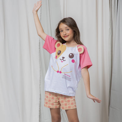 Pijama Infantil Cara de Criança Hamster Branco e Rosa - frente do pijama infantil feminino