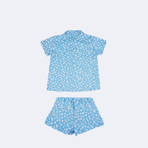 Pijama Kids Cara de Criança Camisa com Botão Flores Azul - 8 Anos - costas do pijama infantil estampado