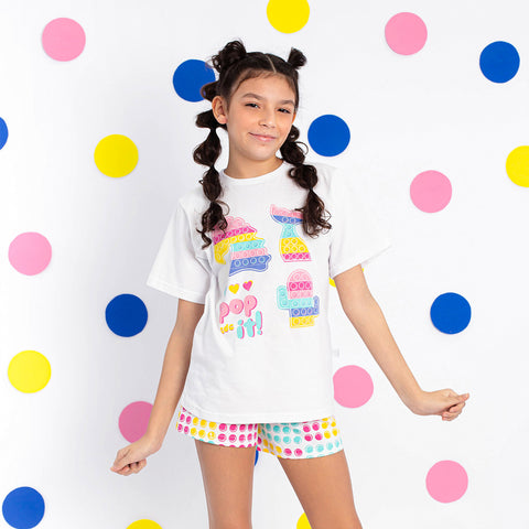 Pijama Pré-Adolescente Cara de Criança Brilha no Escuro Pop It Branco e Colorido - 10 a 14 Anos - menina de pijama