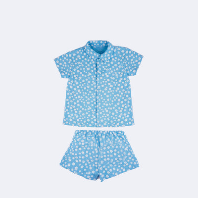 Pijama Kids Cara de Criança Camisa com Botão Flores Azul - 8 Anos - frente do pijama com abertura em botão
