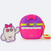 Bolsa Infantil Pampili Customizável Monstrinho Pink e Colorida - Vem com 4 Patches - frente da bolsa com patches monstrinho