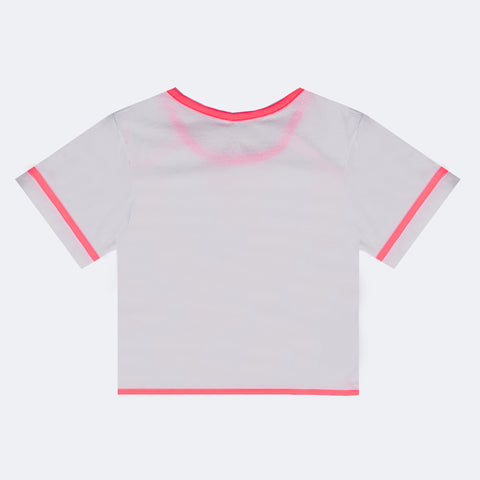 Camiseta Infantil Pampili Carinha Apaixonada Branco e Rosa Neon - costas da camiseta branca