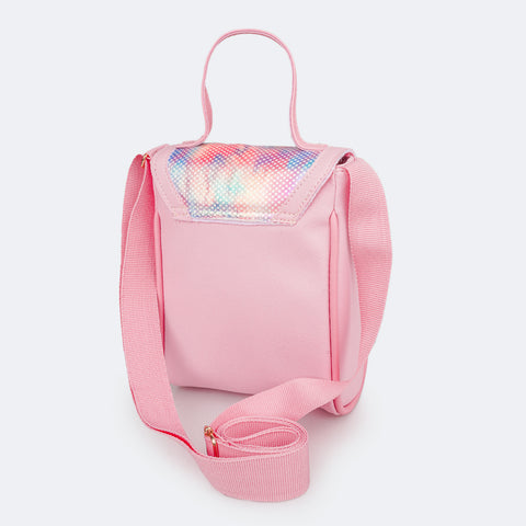 Bolsa Infantil Pampili Estampa Holográfica Rosada  - traseira da bolsa com alça 