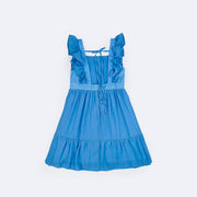 Vestido Pré-Adolescente Bambollina Bordado Flores e Babado Azul - 8 a 12 Anos - costas do vestido com decote e laço