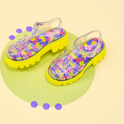 Sandália Infantil Lyra Glee Tratorada Transparente Amarelo Flúor e Colorida - frente da sandália colorida