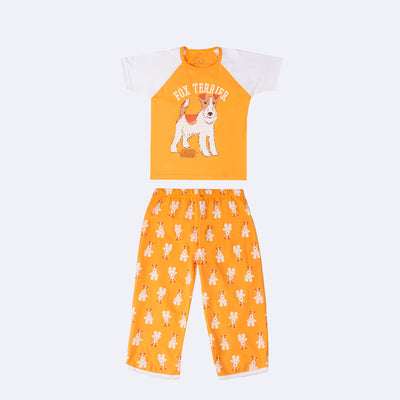 Pijama Infantil Cara de Criança Capri Fox Terrier Amarelo e Branco - 4 a 8 Anos - frente do pijama com calça capri
