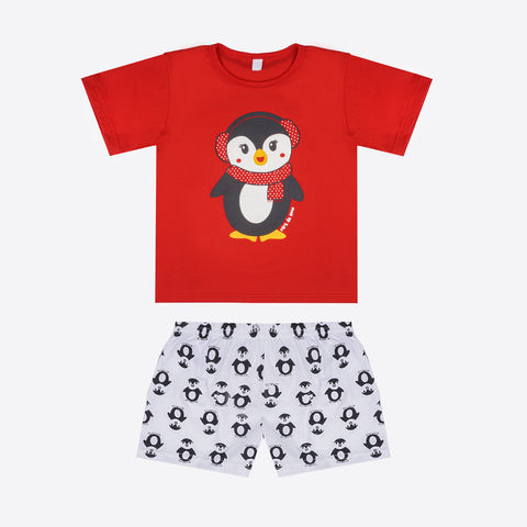 Pijama Infantil Cara de Criança Pinguim Branco e Vermelho - frente do pijama infantil feminino
