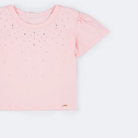 Camiseta Infantil Feminina Pampili Cetim com Pedras Strass Rosa Bebê  - lateral mostrando a manga fofa 